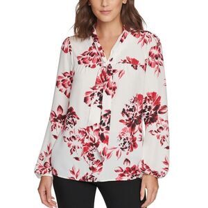 DKNY Ivory Floral Print Tie Front Blouse Top